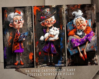 Niedliche Cartoon alte Dame Junk Journal Seiten - Printable JPEGs - Sofortiger Download - Niedliche ältere Frau Karikatur Tags - Niedliche alte Frau Ephemera