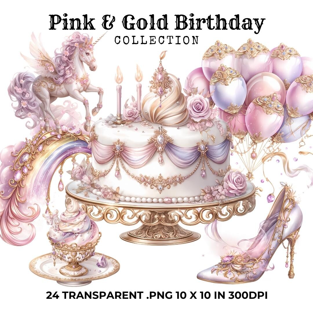 Pink and Gold Unicorn Birthday Clipart: Princess Decorations ...