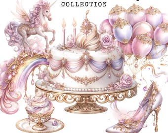 Pink and Gold Unicorn Birthday Clipart: Princess Decorations (Commercial Use)