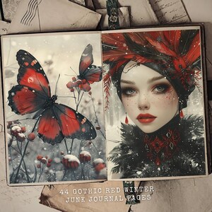 44 Elegantes Gothic Rot Winter Queen Junk Journal Kit - Dark Fantasy Kunst mit Roten Federn, Schneebedeckter Hintergrund und Vintage Aquarell Stil