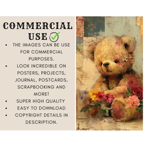 K&ouml;nnte beinhalten: Eine digitale Illustration eines Teddyb&auml;ren, der einen Blumenstrau&szlig; h&auml;lt. Der Teddyb&auml;r sitzt auf einem gemusterten Hintergrund. Der Text "COMMERCIAL USE" ist in der oberen linken Ecke des Bildes sichtbar.