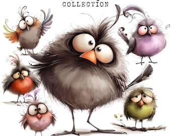 Super Cute Quirky Bird Clipart, Mixed Media Quirky Bird Clip Art, Cute Caricature Birds, Quirky Clipart, Funny Birds PNG, Scrapbooking