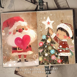 60 wunderliche Weihnachten Junk Journal Kit mit Weihnachtsmann, Zuckerstangen, festliche Beleuchtung, Pfefferminze, digitale Scrapbooking Papiere für Urlaub Basteln