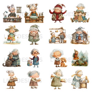 May include: A collection of 15 watercolor illustrations featuring various elderly people in different settings. The illustrations depict activities such as baking, gardening, reading, and caring for animals. The illustrations are all in a whimsical style and feature bright colors.