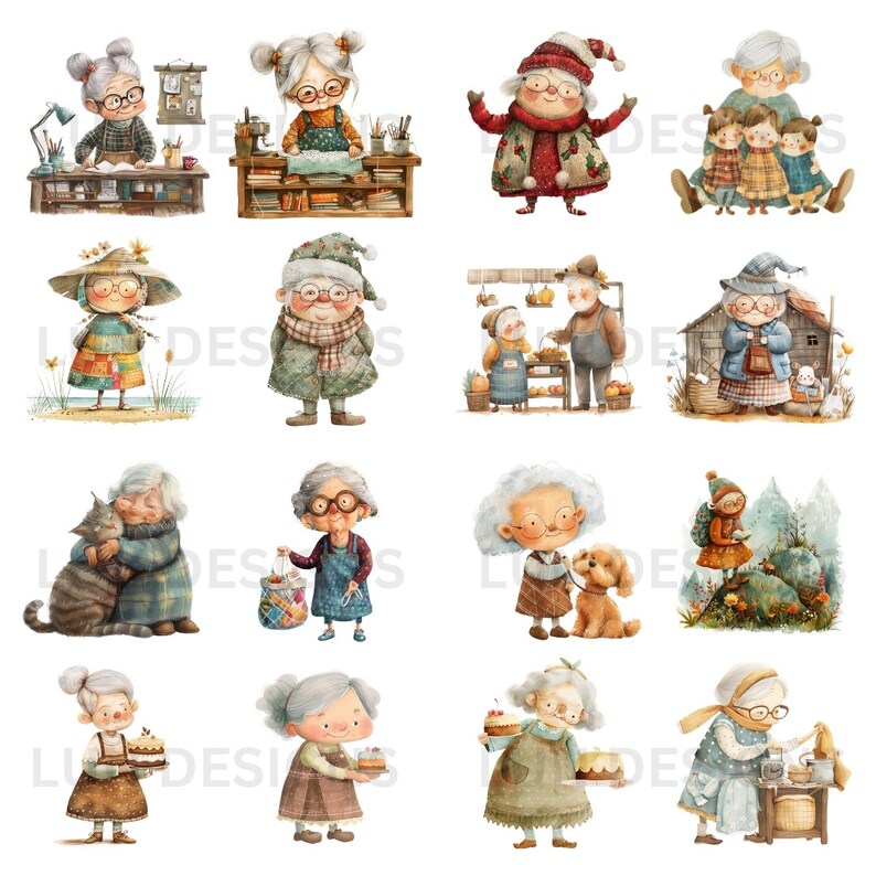 May include: A collection of 15 watercolor illustrations featuring various elderly people in different settings. The illustrations depict activities such as baking, gardening, reading, and caring for animals. The illustrations are all in a whimsical style and feature bright colors.