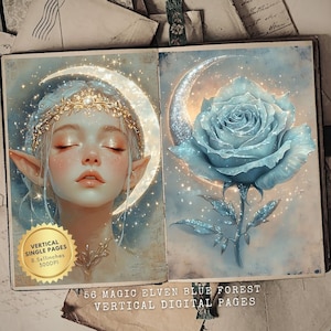 Forêt bleue au clair de lune, journal magique des objets indésirables de la forêt elfique, kit folio forêt enchantée, éphémères fées elfes, éphémères fantastiques, esprit de la forêt