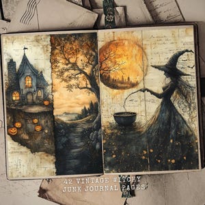42 strony dziennika Vintage Witchy Junk z zaczarowanymi krajobrazami, szkieletami, dyniami i tajemniczymi czarownicami, cyfrowa sztuka o tematyce Halloween