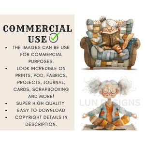 May include: Two watercolor illustrations of a grandmother character. The first image shows the grandmother sitting in a patchwork armchair reading a book. The second image shows the grandmother sitting in a meditative pose with her eyes closed. The text "LUN SIGNS" is visible in the bottom right corner of the image.