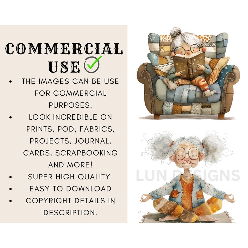 May include: Two watercolor illustrations of a grandmother character. The first image shows the grandmother sitting in a patchwork armchair reading a book. The second image shows the grandmother sitting in a meditative pose with her eyes closed. The text "LUN SIGNS" is visible in the bottom right corner of the image.