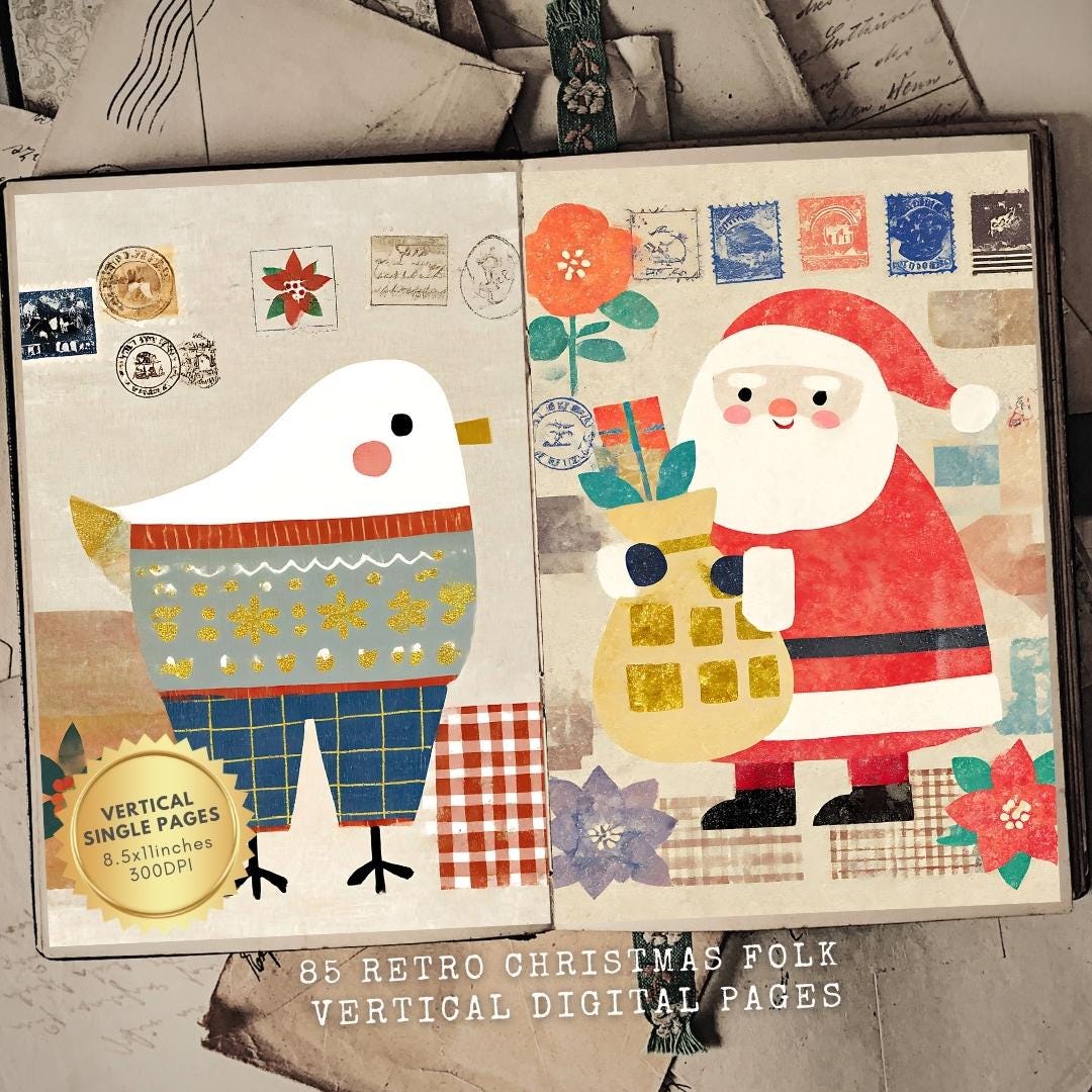 Retro Christmas Junk Journal Kit: Printable Ephemera, Vintage Collage ...