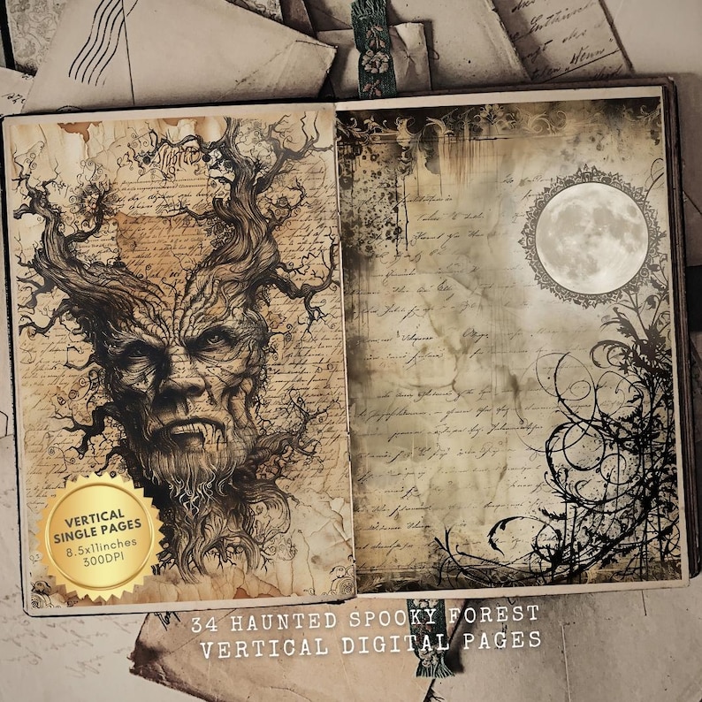Haunted Forest Junk Journal Printable Kit, Digital Scrapbook Pages, Halloween Ephemera, Gothic Journal Supplies, Dark Forest