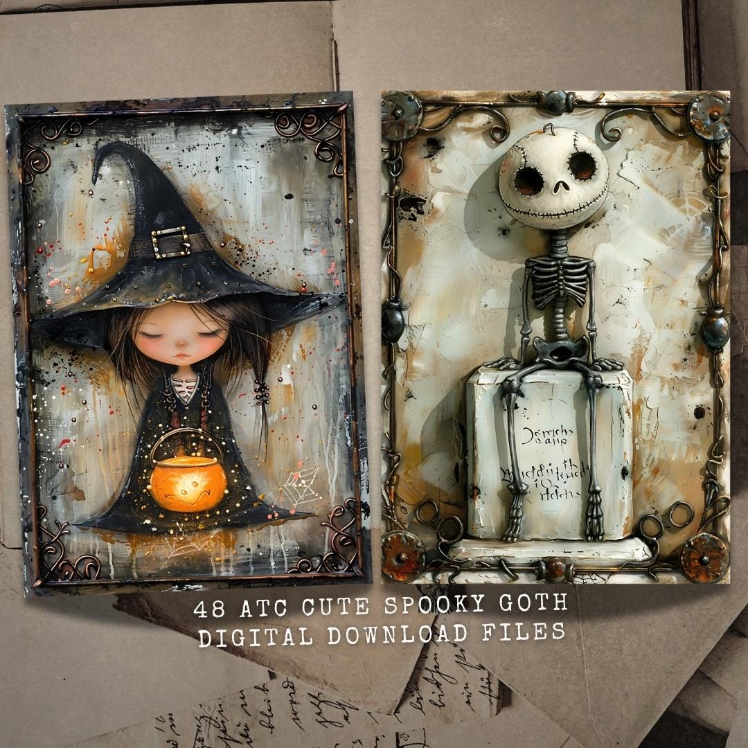 48 ATC Cute Spooky Goth Clipart | Halloween Witch and Skeleton Art, Gothic Dark Art, Creepy Cute Characters, Spooky Gothic ATC Cards