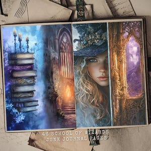 46 Art du journal numérique indésirable de l'école des sorciers, illustrations mauves majestueuses, vitrail, personnage magique, scrapbooking sur le thème fantastique