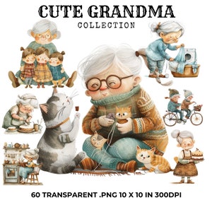 60 süße Oma Clipart Bundle, Familie Clipart, digitaler Download, kommerzielle Nutzung, Großeltern Clipart, Papiermodell, Trending Clipart, PNG