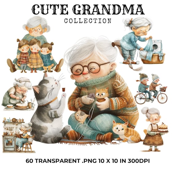 60 Cute Grandma Clipart Bundle, Family Clipart, Digital Download, Commercial Use, Grandparents Clipart, Paper Craft, Trending Clipart, PNG