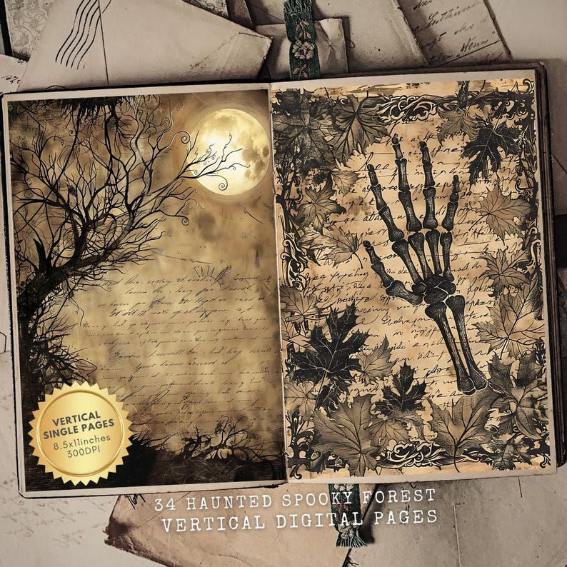 Haunted Forest Junk Journal Printable Kit, Digital Scrapbook Pages, Halloween Ephemera, Gothic Journal Supplies, Dark Forest