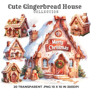 20 Gingerbread House Clipart, Christmas Clipart, Printable Watercolor Clipart, 20 High Quality PNG, Digital download, Paper crafts