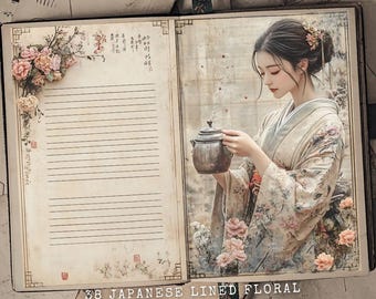 May include: A vintage style junk journal with a floral design and lined pages. The cover features a woman in a traditional Japanese kimono holding a teapot. The text on the cover reads "38 Japanese Lined Floral Junk Journal".