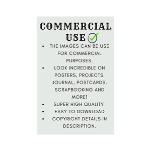 Pu&ograve; includere: Grafica di testo con un segno di spunta verde, che indica "USO COMMERCIALE". Il testo sotto spiega che le immagini possono essere utilizzate per scopi commerciali e hanno un bell'aspetto su poster, progetti, riviste, cartoline, scrapbooking e altro ancora. Indica anche che le immagini sono di alta qualit&agrave; e facili da scaricare. I dettagli sul copyright sono nella descrizione.