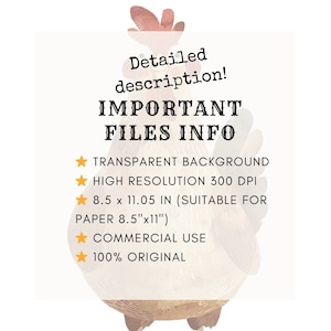 Pode incluir: Uma ilustra&ccedil;&atilde;o digital de um galo vermelho com fundo branco. O texto "IMPORTANT FILES INFO" est&aacute; escrito em letras pretas. O texto abaixo lista as seguintes informa&ccedil;&otilde;es: "TRANSPARENT BACKGROUND", "HIGH RESOLUTION 300 DPI", "8.5 x 11.05 IN (SUITABLE FOR PAPER 8.5"x11")", "COMMERCIAL USE", "100% ORIGINAL".