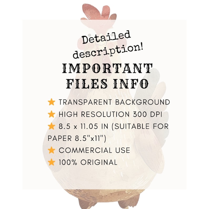Pode incluir: Uma ilustra&ccedil;&atilde;o digital de um galo vermelho com fundo branco. O texto "IMPORTANT FILES INFO" est&aacute; escrito em letras pretas. O texto abaixo lista as seguintes informa&ccedil;&otilde;es: "TRANSPARENT BACKGROUND", "HIGH RESOLUTION 300 DPI", "8.5 x 11.05 IN (SUITABLE FOR PAPER 8.5"x11")", "COMMERCIAL USE", "100% ORIGINAL".