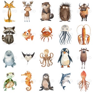 Pode incluir: Um conjunto de 20 ilustra&ccedil;&otilde;es de aquarela com v&aacute;rios animais, incluindo uma raposa, um guaxinim, um veado, uma lontra, um ouri&ccedil;o, um touro, um caranguejo, uma &aacute;gua-viva, uma lagosta, um peixe-boi, uma arraia, um polvo, um pinguim, uma vaca, uma tartaruga, um cavalo-marinho, uma foca, um tubar&atilde;o e um polvo. As ilustra&ccedil;&otilde;es s&atilde;o em estilo de desenho animado e s&atilde;o perfeitas para usar em livros infantis, cart&otilde;es de felicita&ccedil;&atilde;o ou outros projetos criativos.