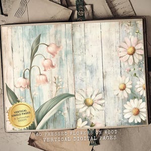 Shabby Pink Roses, vintage Floral Junk Journal, houten dagboekpapier, afdrukbare ephemera voor knutselen, botanische bloemen geperst op hout