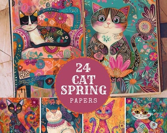 May include: A set of 24 digital papers featuring colorful illustrations of cats in a spring floral setting. The papers are perfect for scrapbooking, card making, and other creative projects.  The text "24 CAT SPRING PAPERS" is displayed on a pink circle.