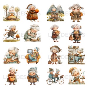 May include: A set of 16 watercolor illustrations featuring various activities of older adults. The illustrations depict older adults baking, reading, walking, riding a bicycle, and more. The illustrations are painted in a whimsical style with soft colors and details.