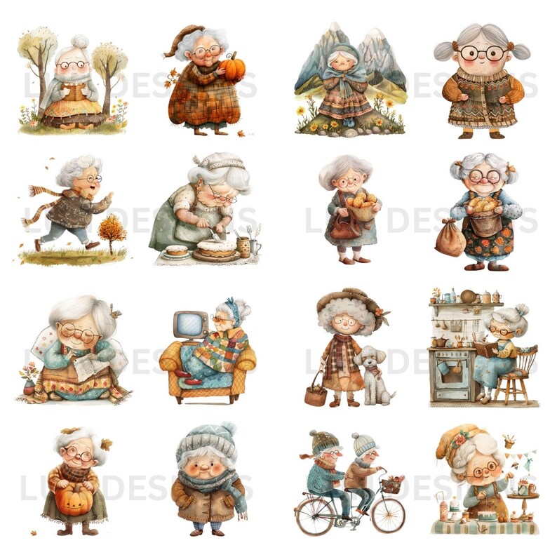 May include: A set of 16 watercolor illustrations featuring various activities of older adults. The illustrations depict older adults baking, reading, walking, riding a bicycle, and more. The illustrations are painted in a whimsical style with soft colors and details.