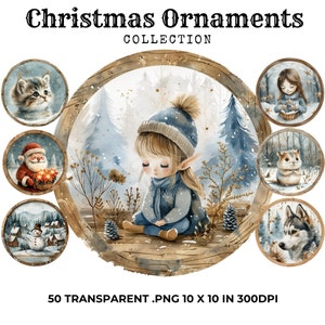 Pacchetto di 50 clipart di ornamenti natalizi, sublimazione degli ornamenti, download digitale, clipart di Natale, creazioni con la carta, clipart di tendenza, PNG
