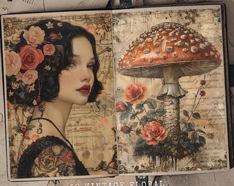 May include: Two pages from a vintage floral junk journal. The left page features a portrait of a woman with dark hair and red lips. She is wearing a black lace top and has a floral crown on her head. The right page features a large red and white mushroom with a white stem. Both pages have a vintage, distressed look with handwritten text and floral illustrations.