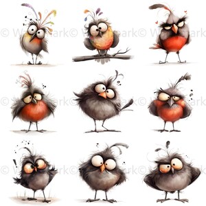 May include: Nine cartoon birds with different expressions and colors. The birds have large eyes, some have red breasts, and some have colorful feathers.