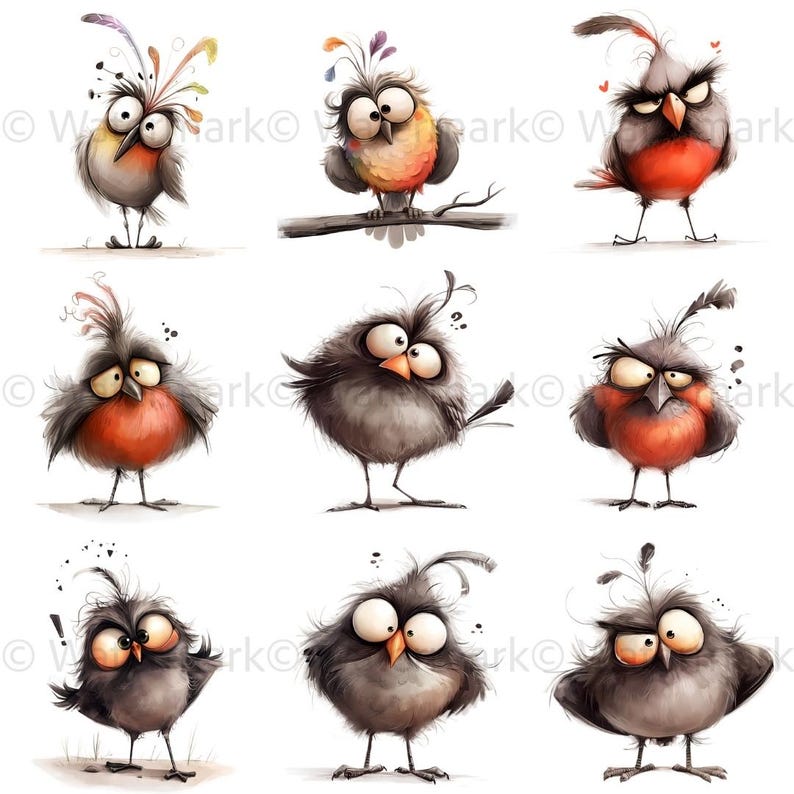 May include: Nine cartoon birds with different expressions and colors. The birds have large eyes, some have red breasts, and some have colorful feathers.