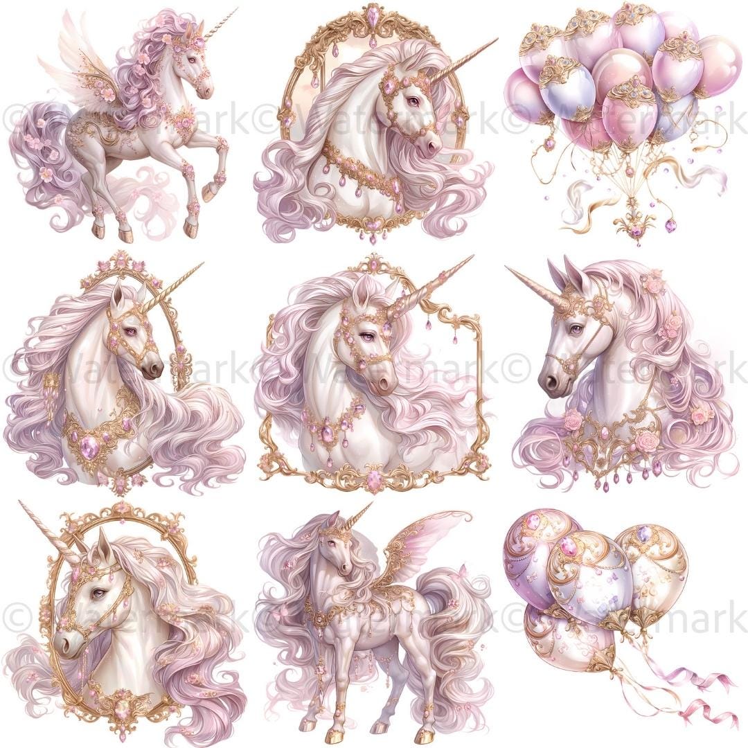 Pink and Gold Unicorn Birthday Clipart: Princess Decorations ...