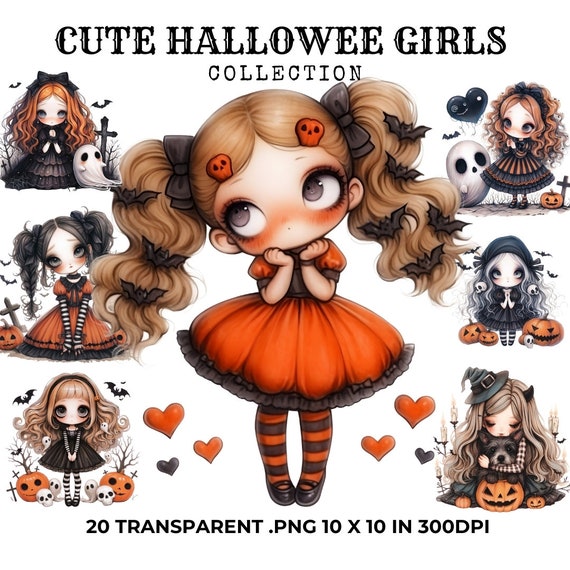 20 Cute Halloween Girls Clipart Bundle,Spooky Clipart, Digital Download, Halloween Clipart, Paper Craft, Trending Clipart, PNG