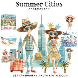 36 Clipart de cidade de verão, clipart aquarela, download digital, uso comercial, clipart de garotas da cidade, artesanato em papel, papel para impressão, PNG