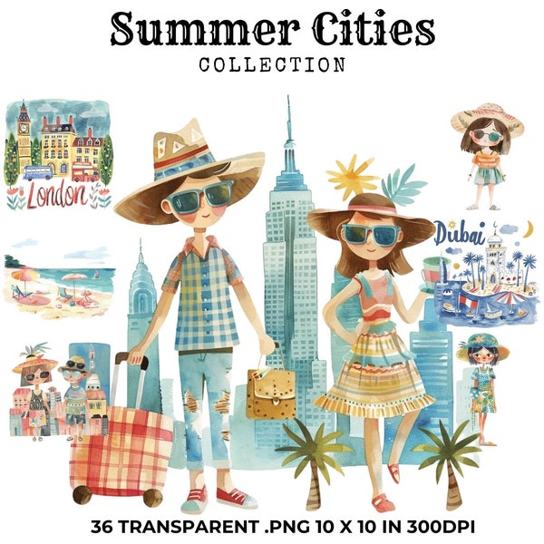 36 Summer City Cliparts, Watercolor Clipart, Digital Download, Commercial Use, City Girls Clipart, Paper Craft, Printable Paper, PNG