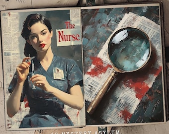May include: A vintage-style illustration of a nurse holding a syringe, with the text "The Nurse" in red letters. A magnifying glass is on a page with a newspaper background. The text "42 Mystery Asylum Junk Journal Pages" is at the bottom of the image.