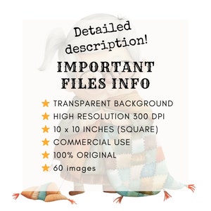 May include: A cartoon illustration of a grandmother with glasses holding a quilt. The text "Detailed description! IMPORTANT FILES INFO" is above the image. The text below the image reads "TRANSPARENT BACKGROUND", "HIGH RESOLUTION 300 DPI", "10 x 10 INCHES (SQUARE)", "COMMERCIAL USE", "100% ORIGINAL", and "60 images".