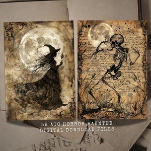 May include: Two digital printable images for scrapbooking or crafting. The first image features a witch silhouette with a full moon in the background. The second image features a skeleton dancing under a full moon. Both images have a vintage, distressed look.