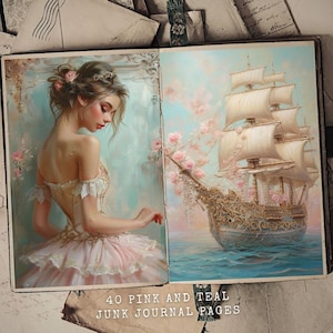40 różowych i turkusowych stron do scrapbookingu i dziennika śmieci, papier cyfrowy, różowy szyk, strony barokowe, pastele miękkie, różowe i złote zabytkowe ephemera