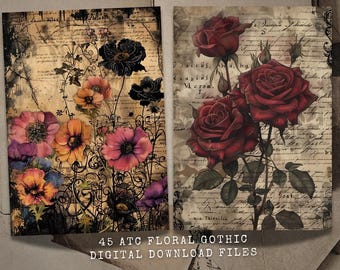 45 Vintage Gothic Floral Flowers ATC Card Ephemera with Manuscript Background, Red Roses, Junk Journals ATC, Scrapbooking, Gothic Art