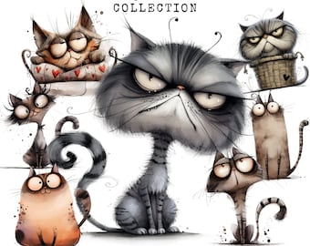 35 Funny Quirky Cats Clipart Bundle, Quirky Cats Png, Digital Download, Commercial Use, Cute Cat Clipart, Paper Craft, Trending Clipart, PNG