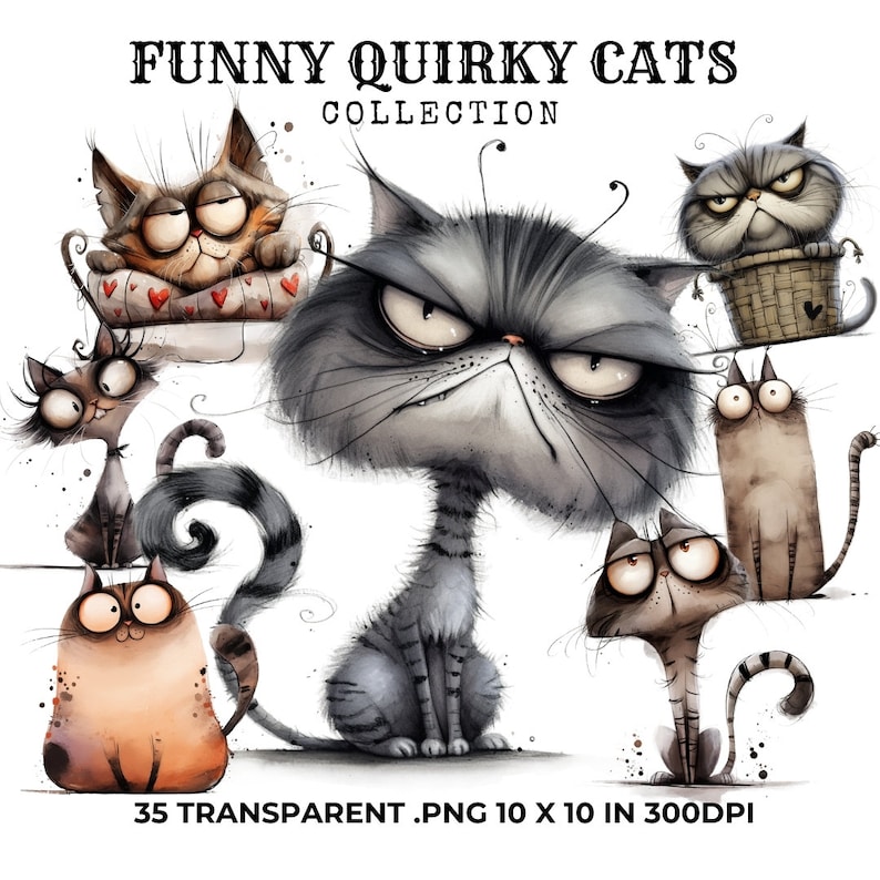 Funny Cat Clipart, Quirky Cats Png, Digital Download, Quirky Cat Clipart, Cute Cat Clipart, Whimsical Clipart, Commercial Use, Cat Illustrations, Funny Animal Clipart, Clipart Cat Bundle, Watercolor Clipart, Cat Sublimation, Funny Animals Png