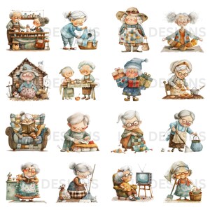 May include: A collection of watercolor illustrations featuring various elderly people engaged in everyday activities. The illustrations depict a diverse range of activities, including reading, cooking, gardening, sewing, and relaxing. The illustrations are painted in a whimsical style with soft colors and delicate details.