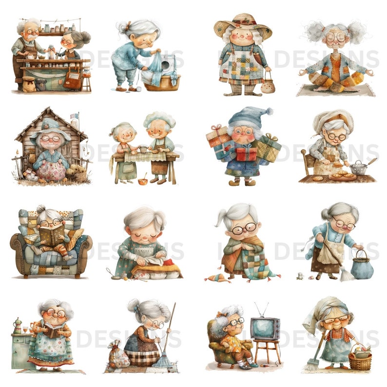 May include: A collection of watercolor illustrations featuring various elderly people engaged in everyday activities. The illustrations depict a diverse range of activities, including reading, cooking, gardening, sewing, and relaxing. The illustrations are painted in a whimsical style with soft colors and delicate details.
