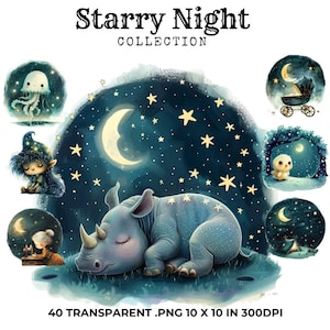Paquete de imágenes prediseñadas de 40 Night Sky, imágenes prediseñadas de acuarela, descarga digital, uso comercial, imágenes prediseñadas celestiales, artesanía de papel, imágenes prediseñadas de tendencia, PNG