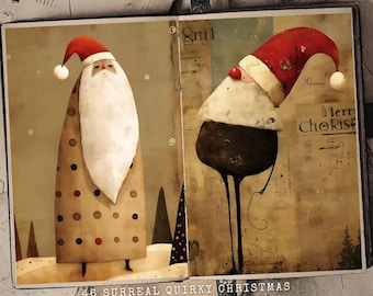Può includere: Due illustrazioni stravaganti di Babbo Natale su uno sfondo vintage. Il primo Babbo Natale indossa un cappello rosso e un vestito a pois marroni e bianchi. Il secondo Babbo Natale indossa un cappello rosso e un vestito marrone e bianco con gambe lunghe. Il testo "46 SURREAL QUIRKY CHRISTMAS JUNK JOURNAL PAGES" è in basso nell'immagine.