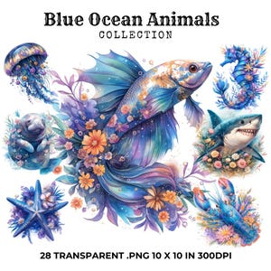 Aquarell Meerestiere Clipart PNG Aquarell Meer Clipart PNG Blaue Delfine mit Blumen Clip Art, Meerestiere Png